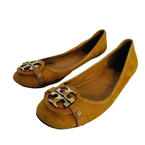 Tory Burch Yellow Suede Flats With Gold Emblem Leather Ballet Flats Size 6.5 - Picture 2 of 11